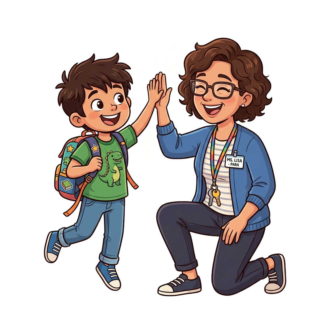 A teacher kneeling down giving a high-five to a smiling student with a backpack