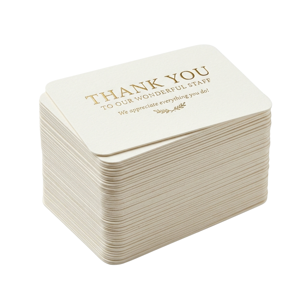 Stack of cream-colored thank you cards with printed text thanking wonderful staff