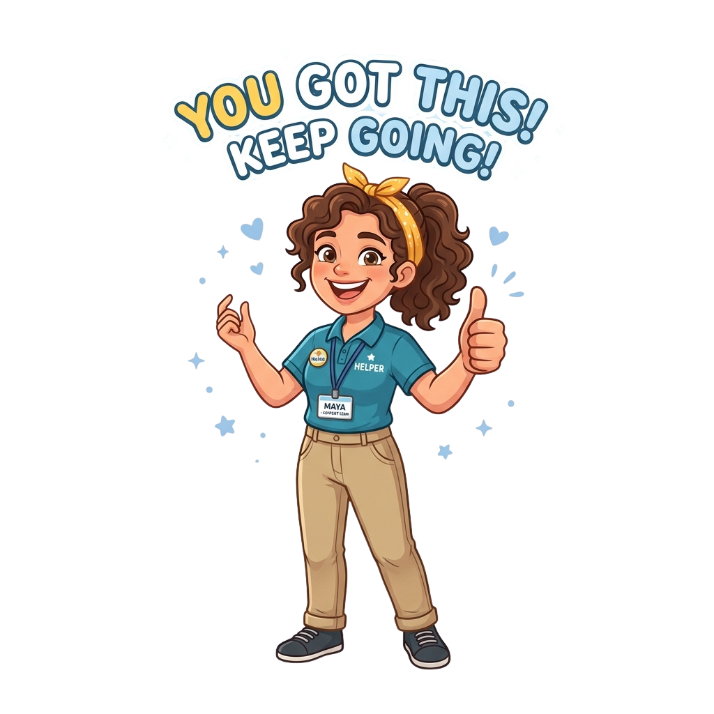 Smiling helper character giving thumbs-up with motivational speech bubble saying You Got This Keep Going