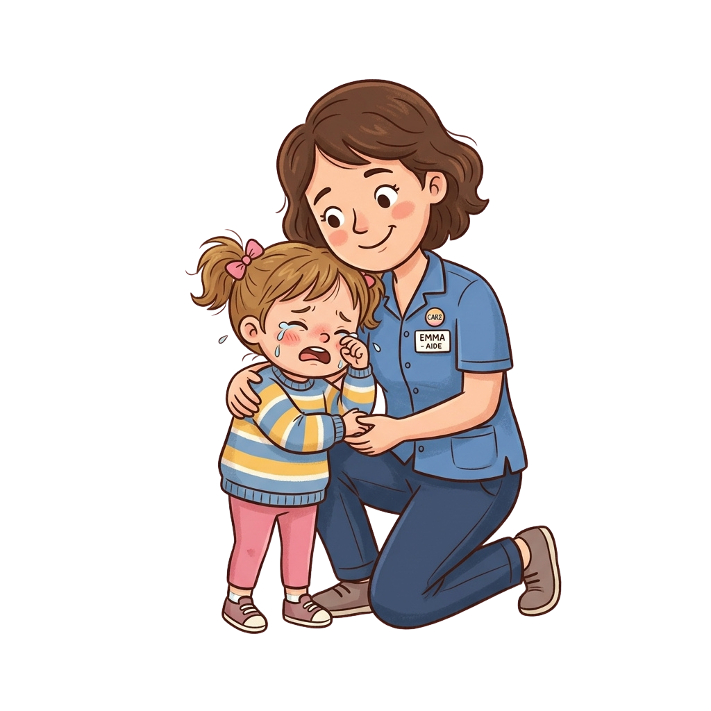 A medical aide kneeling and comforting a crying young child in a supportive embrace