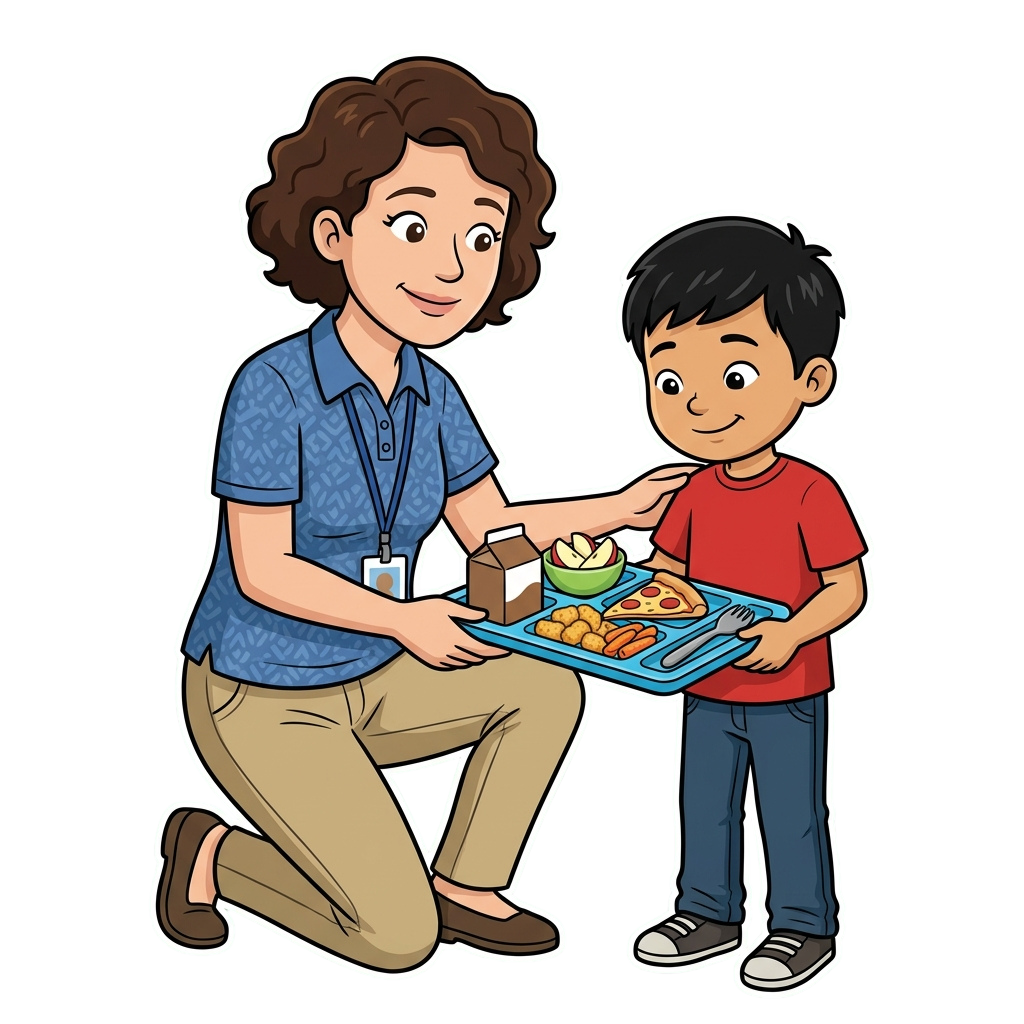 A smiling cafeteria worker kneeling offers a tray of healthy food to a happy child standing beside them.