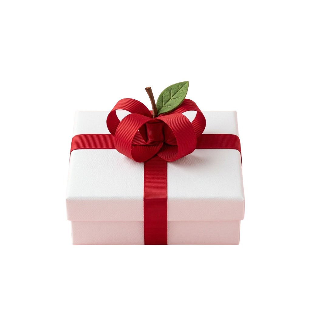 A neatly wrapped gift box with a red satin bow and a decorative apple leaf on top