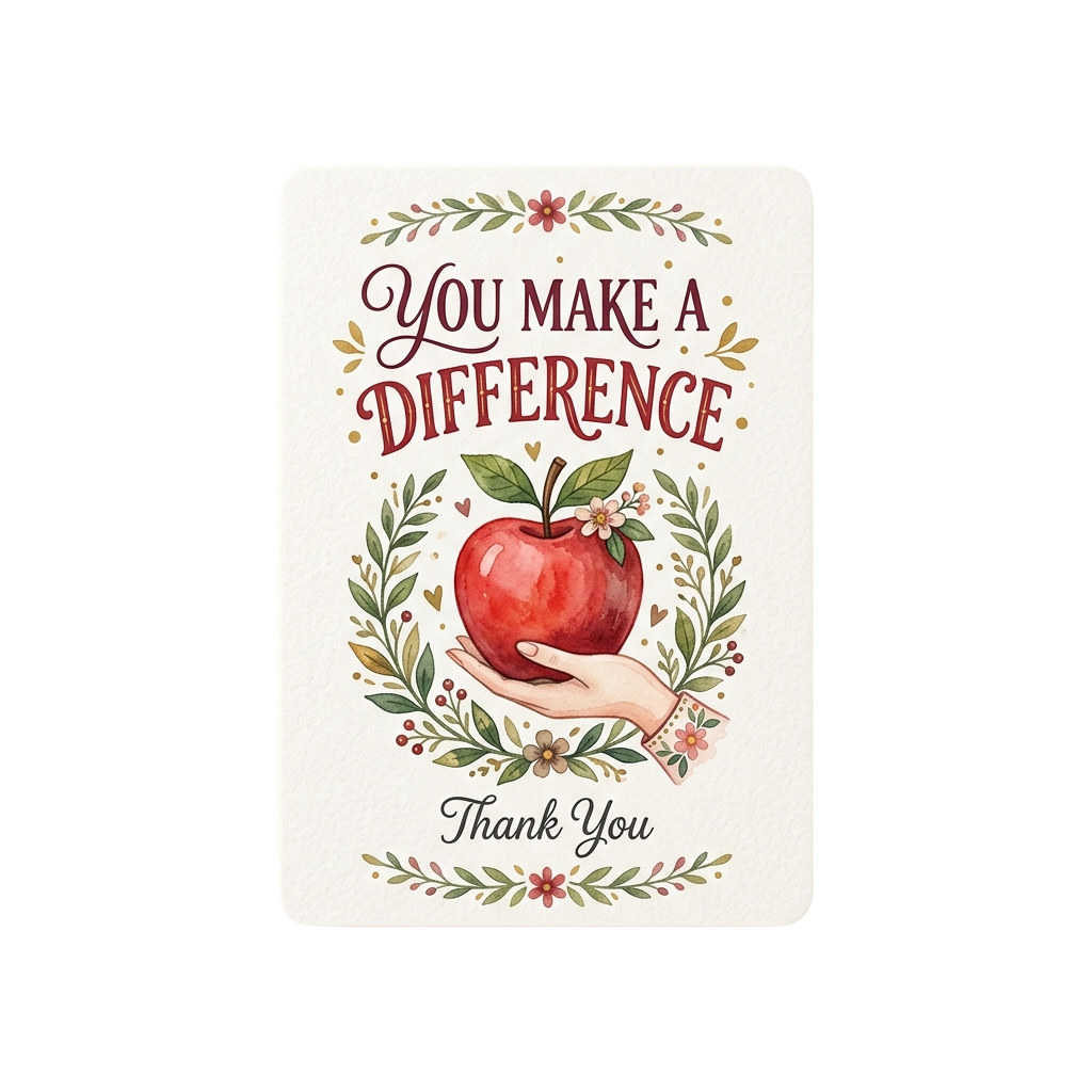 Watercolor thank you card featuring a hand holding a red apple surrounded by floral elements with text You Make a Difference and Thank You