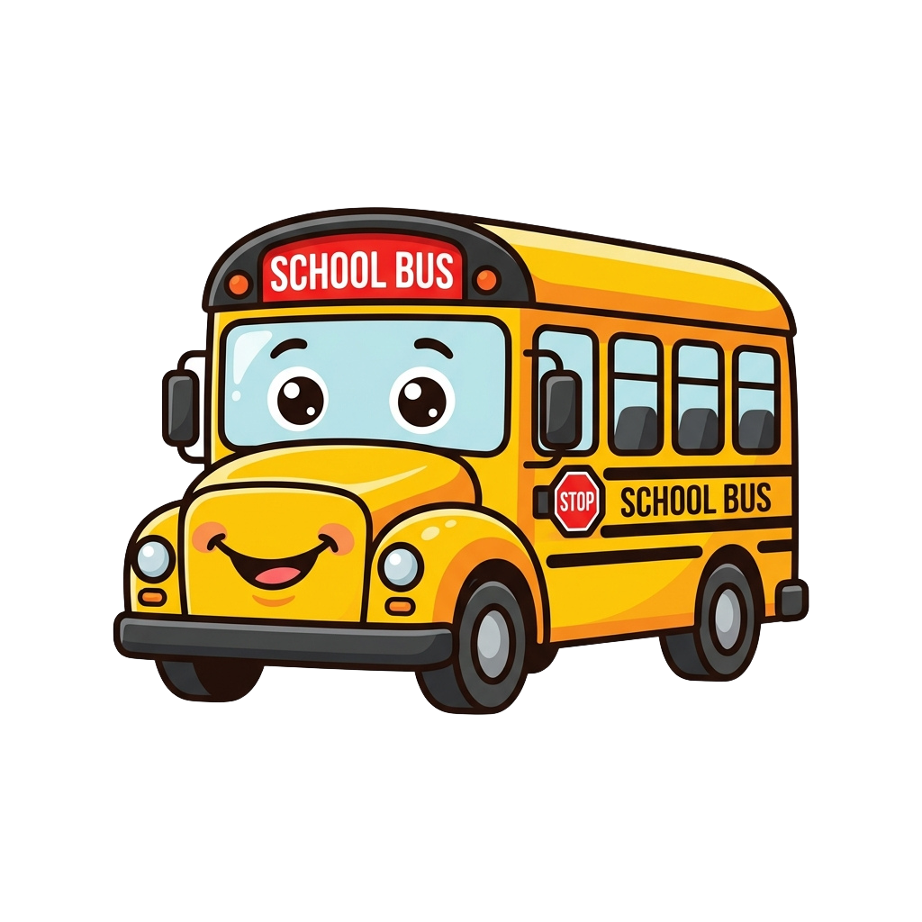 A cheerful cartoon school bus with a smiling face and stop sign.