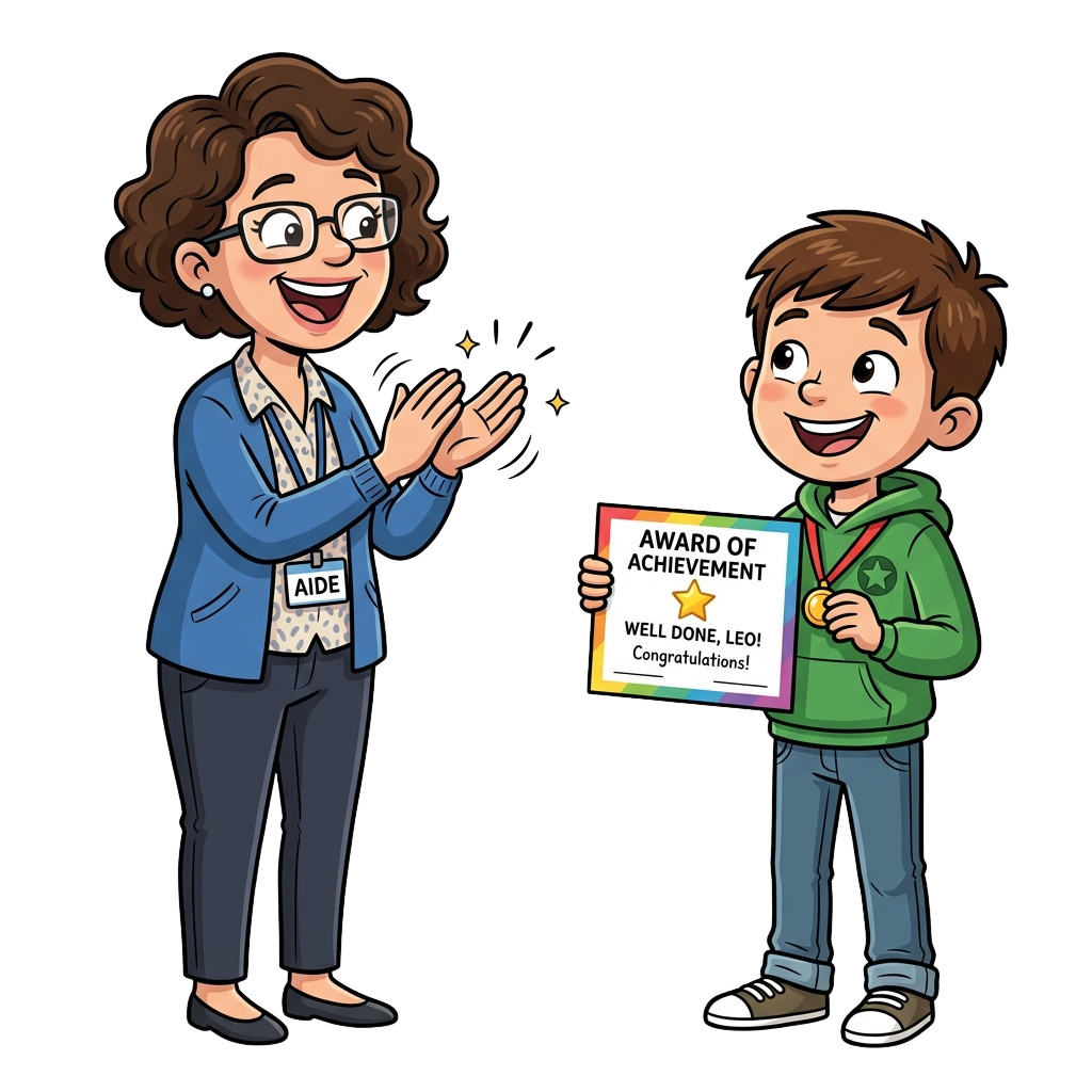 Smiling teacher clapping while a boy holds an achievement award certificate and medal