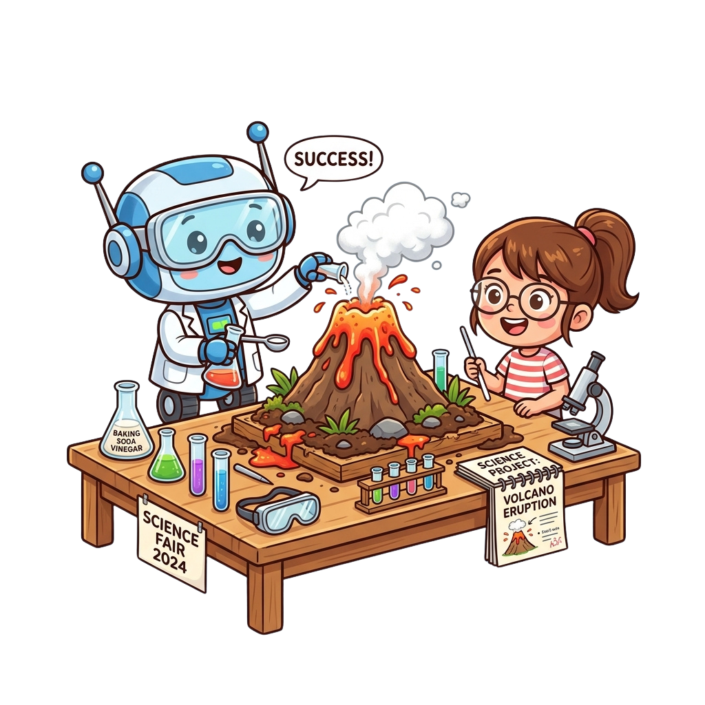 A child and robot celebrate a successful volcano science project at a science fair with a model volcano erupting.