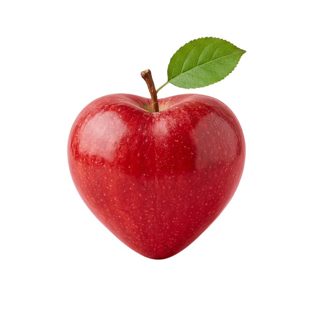 A heart-shaped red apple with a green leaf on top against a black background