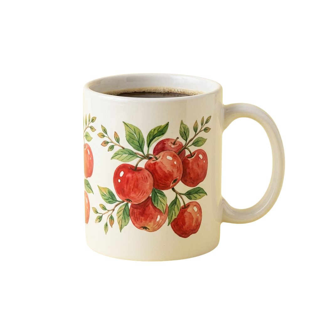 A white ceramic mug with a painted design of red apples and green leaves, filled with a dark beverage.