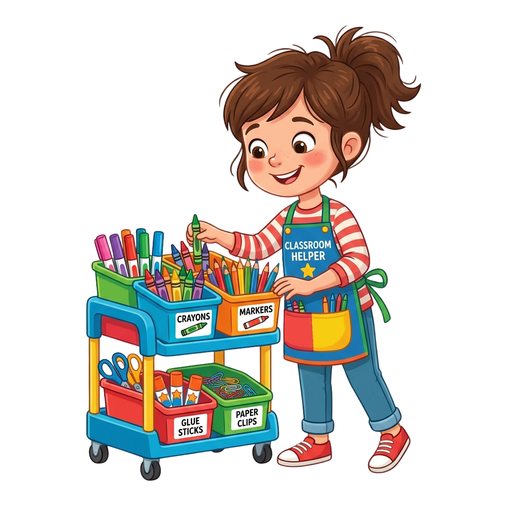 A smiling cartoon girl in a classroom helper apron pushing a colorful art supplies cart with crayons, markers, glue sticks, and scissors