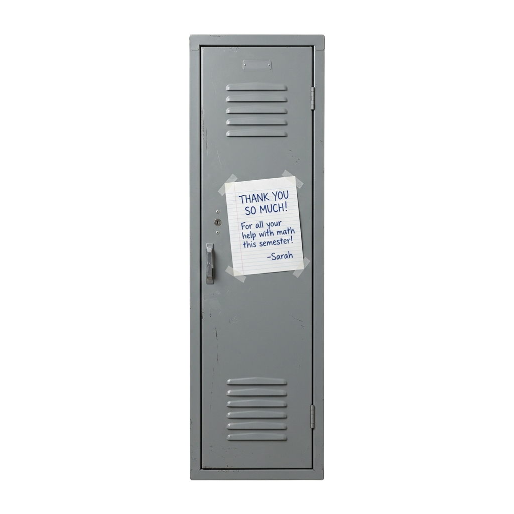 Gray locker with a handwritten thank you note taped to the door for math assistance