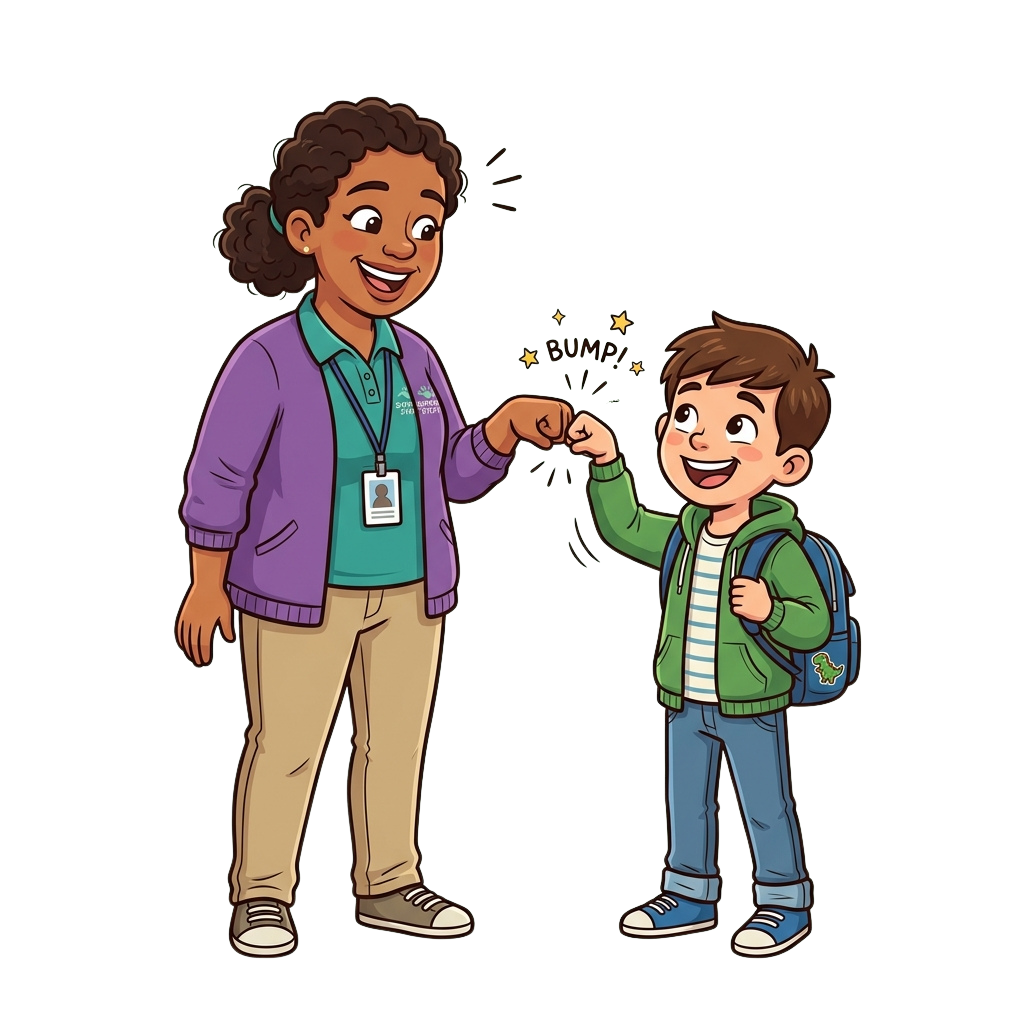 A teacher in a purple shirt high-fiving a smiling young student wearing a green jacket and backpack