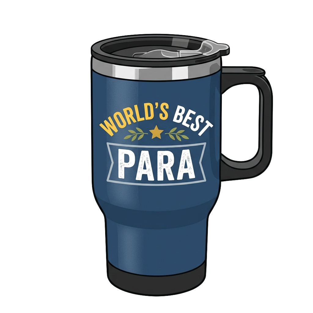 Blue insulated tumbler with Worlds Best Para text and star graphic