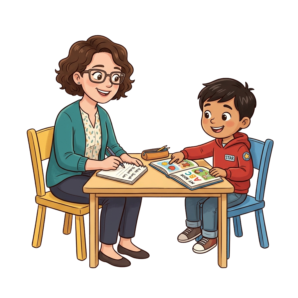 A teacher and a young boy sitting at a table, looking at an open book and flashcards together.