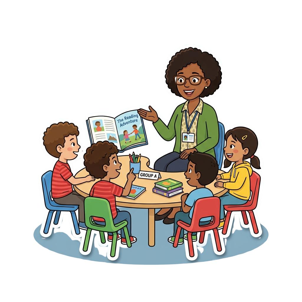 A teacher and four children sitting around a table engaged in a reading activity with an open book titled The Reading Adventure.