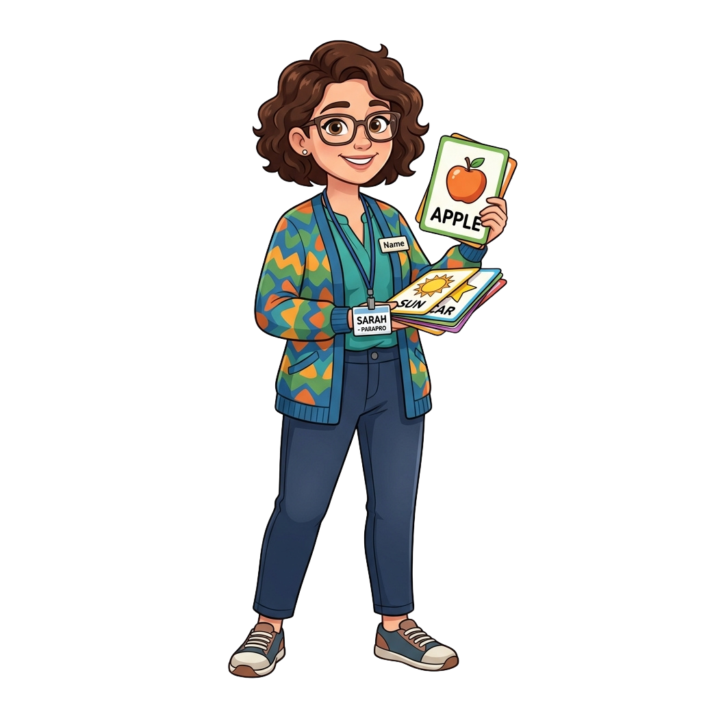 A smiling teacher wearing glasses and a name tag, holding flashcards with apple and sun images.