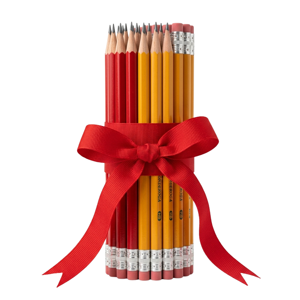 A bundle of sharpened pencils in yellow and pink tied with a red ribbon.