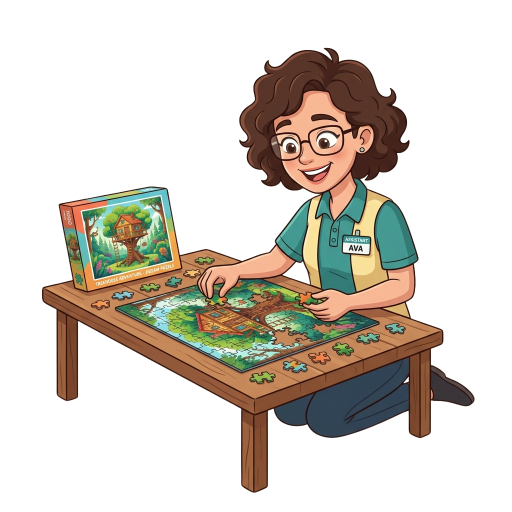 A smiling girl with glasses wearing a uniform assembles a puzzle featuring a treehouse and forest scene on a wooden table.