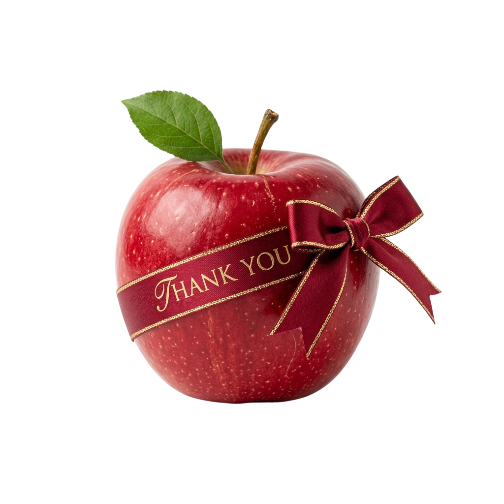 Red apple with green leaf and a red ribbon bow tied around it, displaying Thank You message in gold lettering