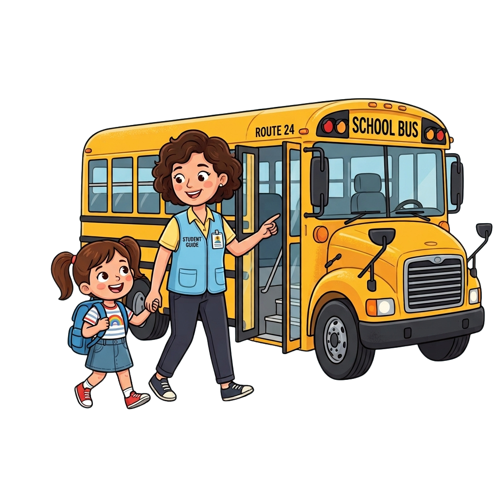 A school bus driver assists a young student with boarding the bus