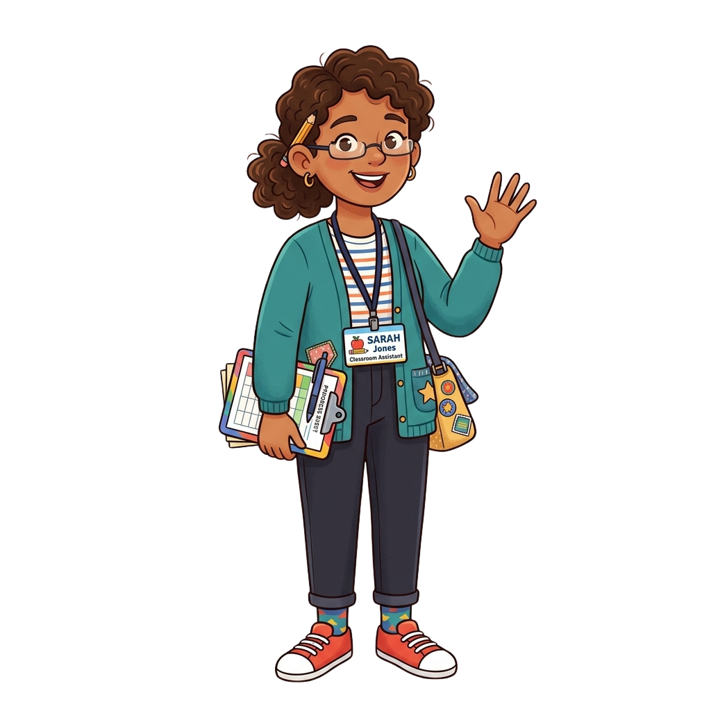 A cheerful cartoon teacher waving with a backpack full of school supplies and a name tag