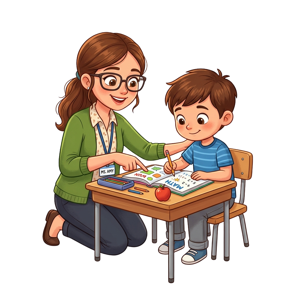 A teacher assisting a young boy writing letters in a workbook at a school desk