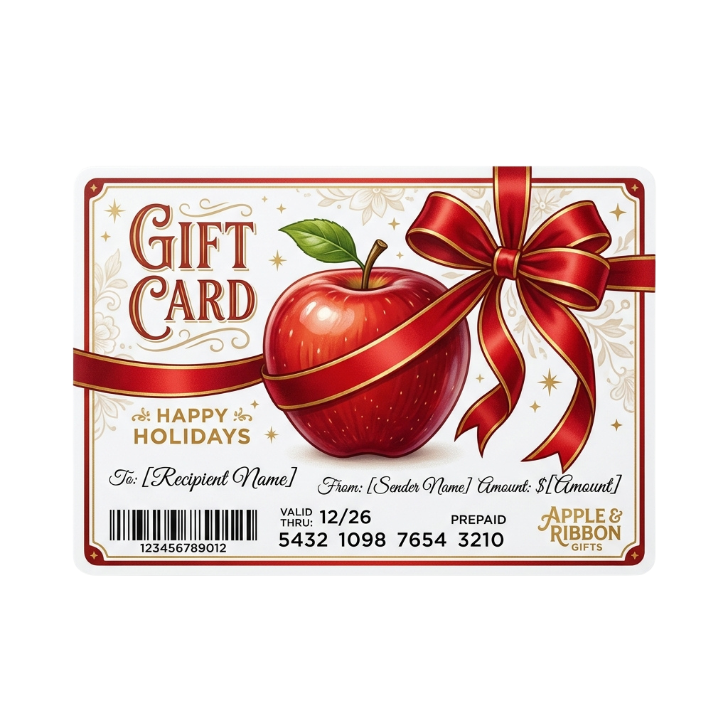 A gift card featuring a red apple with a large red bow, labeled Gift Card and Happy Holidays