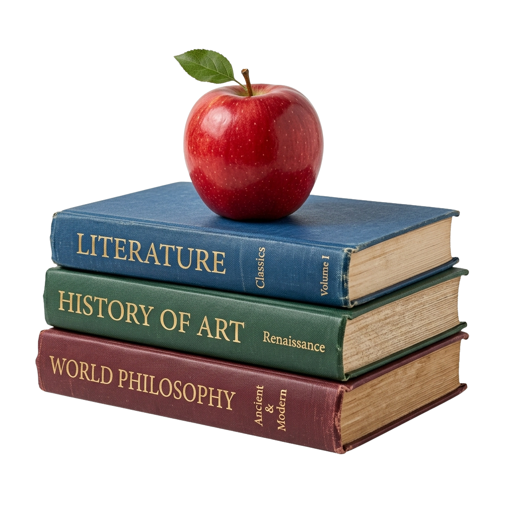A red apple placed on top of three books labeled Literature Classics, History of Art Renaissance, and World Philosophy Ancient and Modern