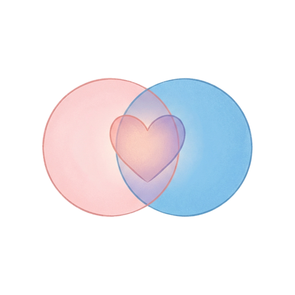Two overlapping circles forming a heart shape in the intersection, one pink and one blue.