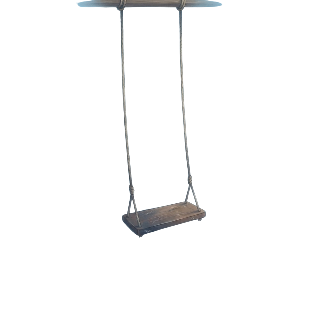 A wooden swing hanging from two white ropes attached to a metal frame against a dark background