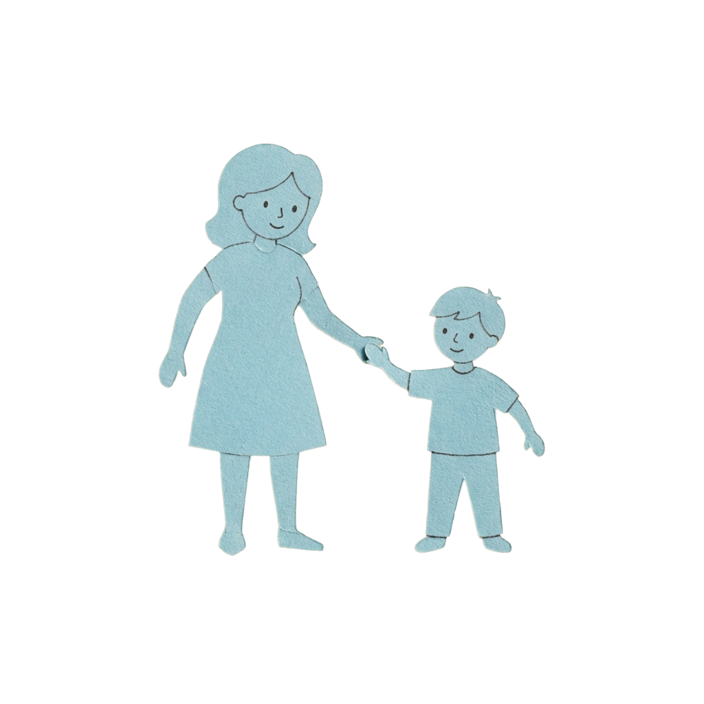 A woman and a child holding hands, walking side by side in a simple line drawing style