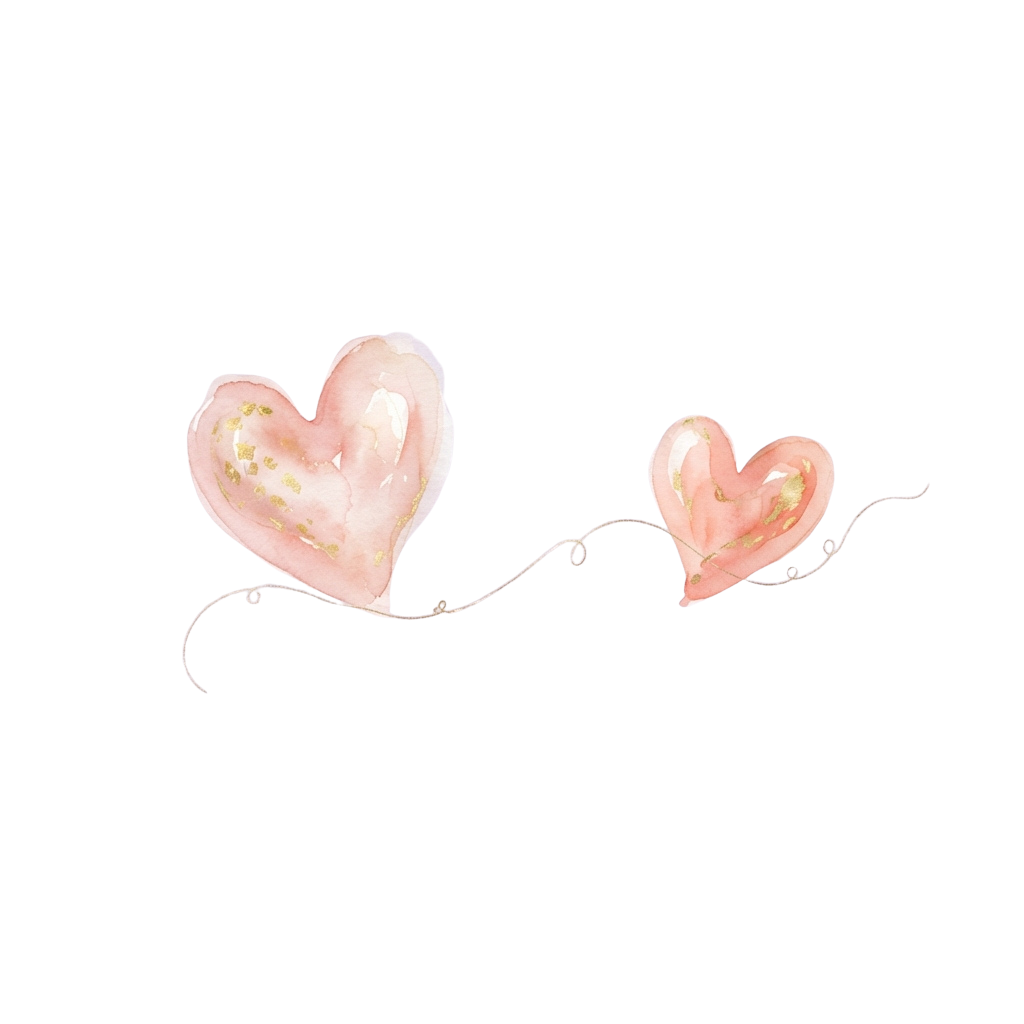 Two pink watercolor hearts connected by a thin white line on a black background
