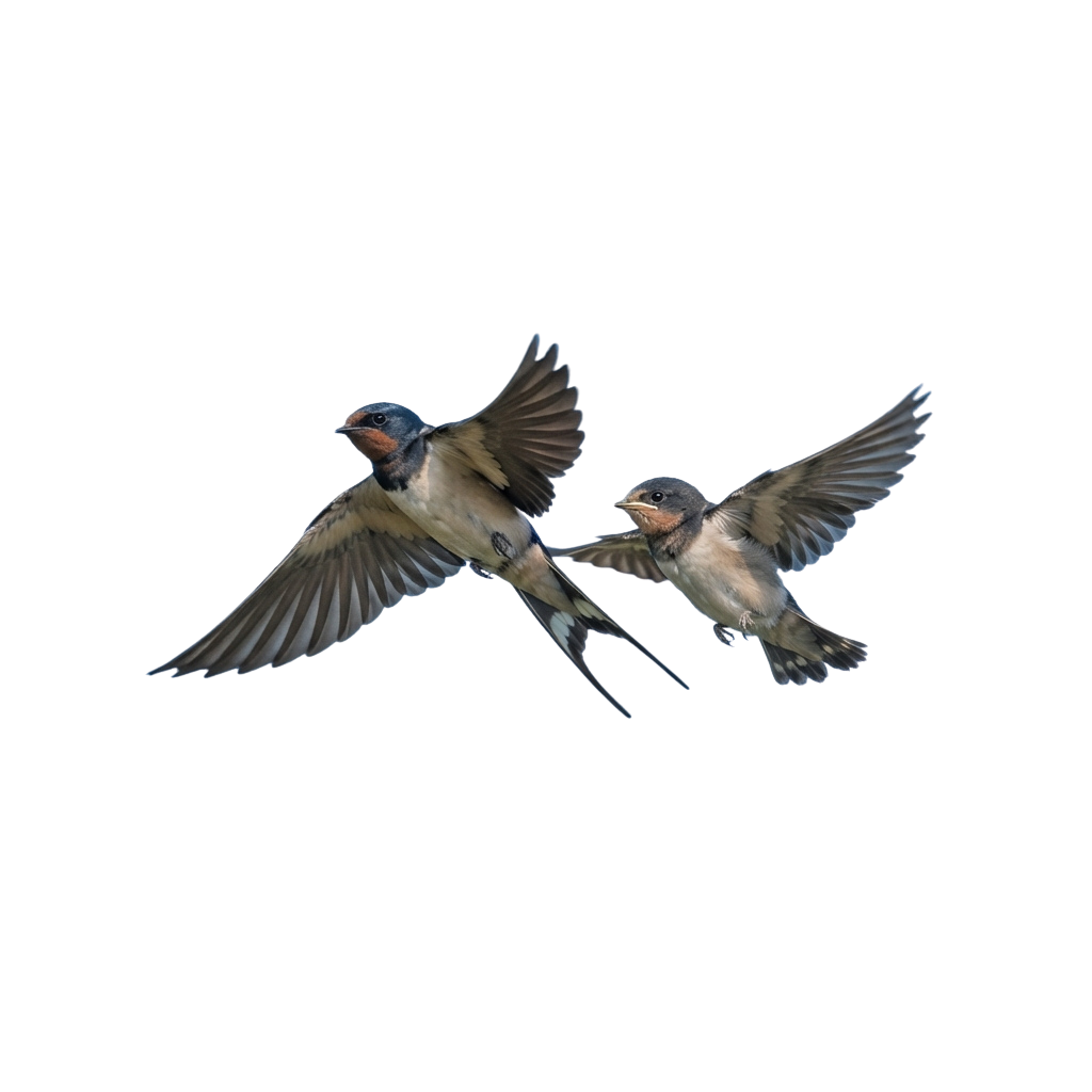 Two brown and blue swallows flying with wings spread against a dark background