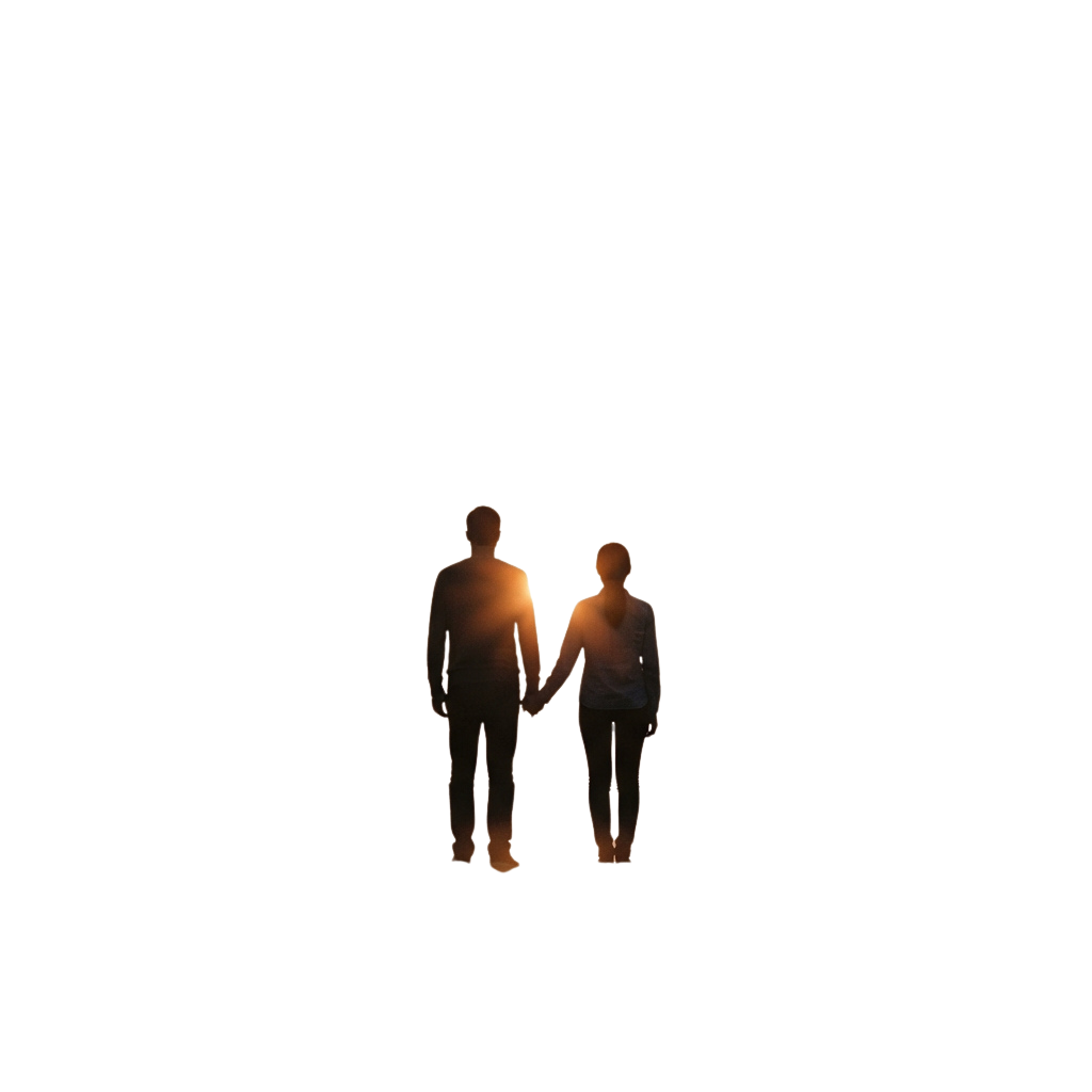 Two people holding hands silhouetted against a dark night sky background