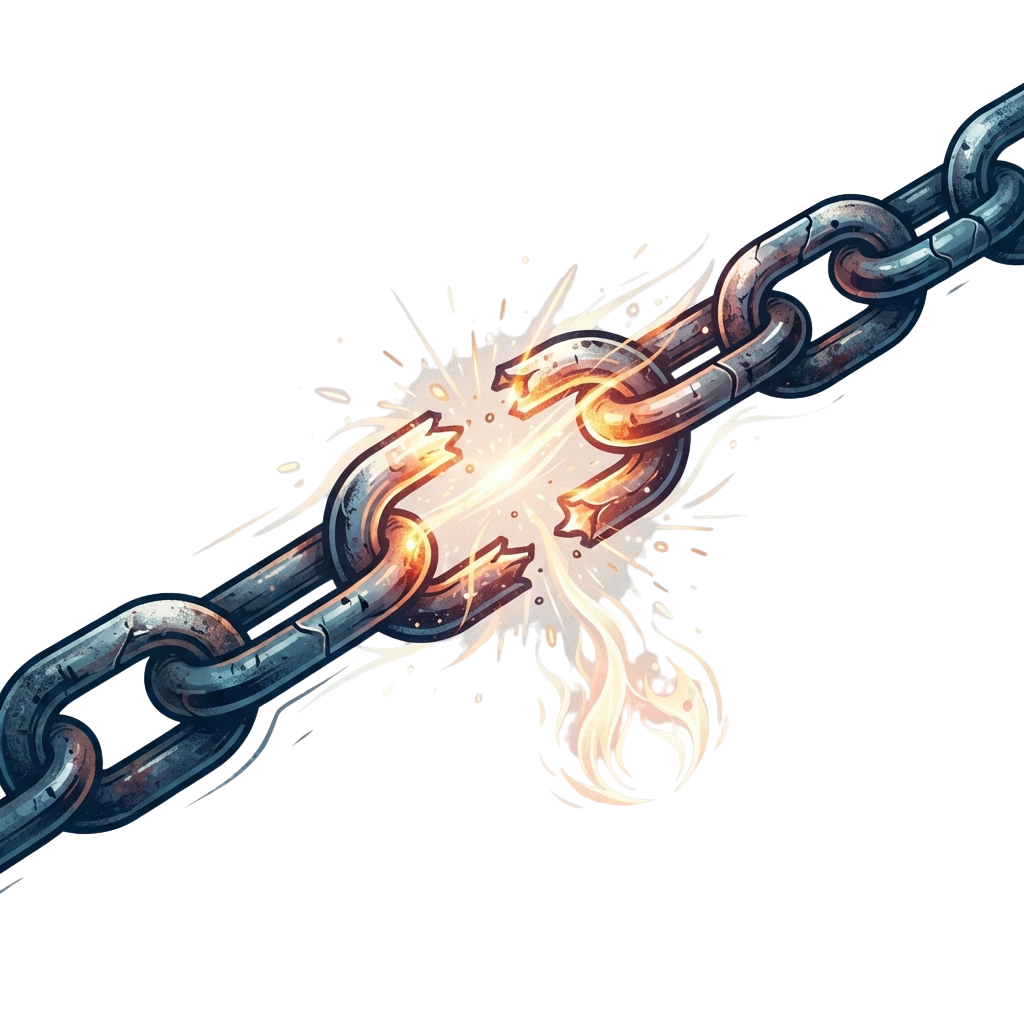 Illustration of a chain link breaking apart with glowing sparks and energy explosion