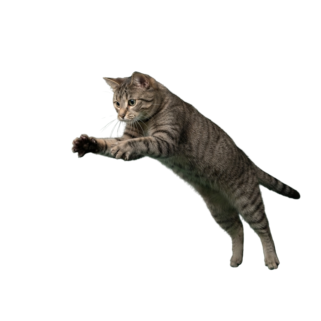 A tabby cat jumping through the air holding a small toy in its mouth