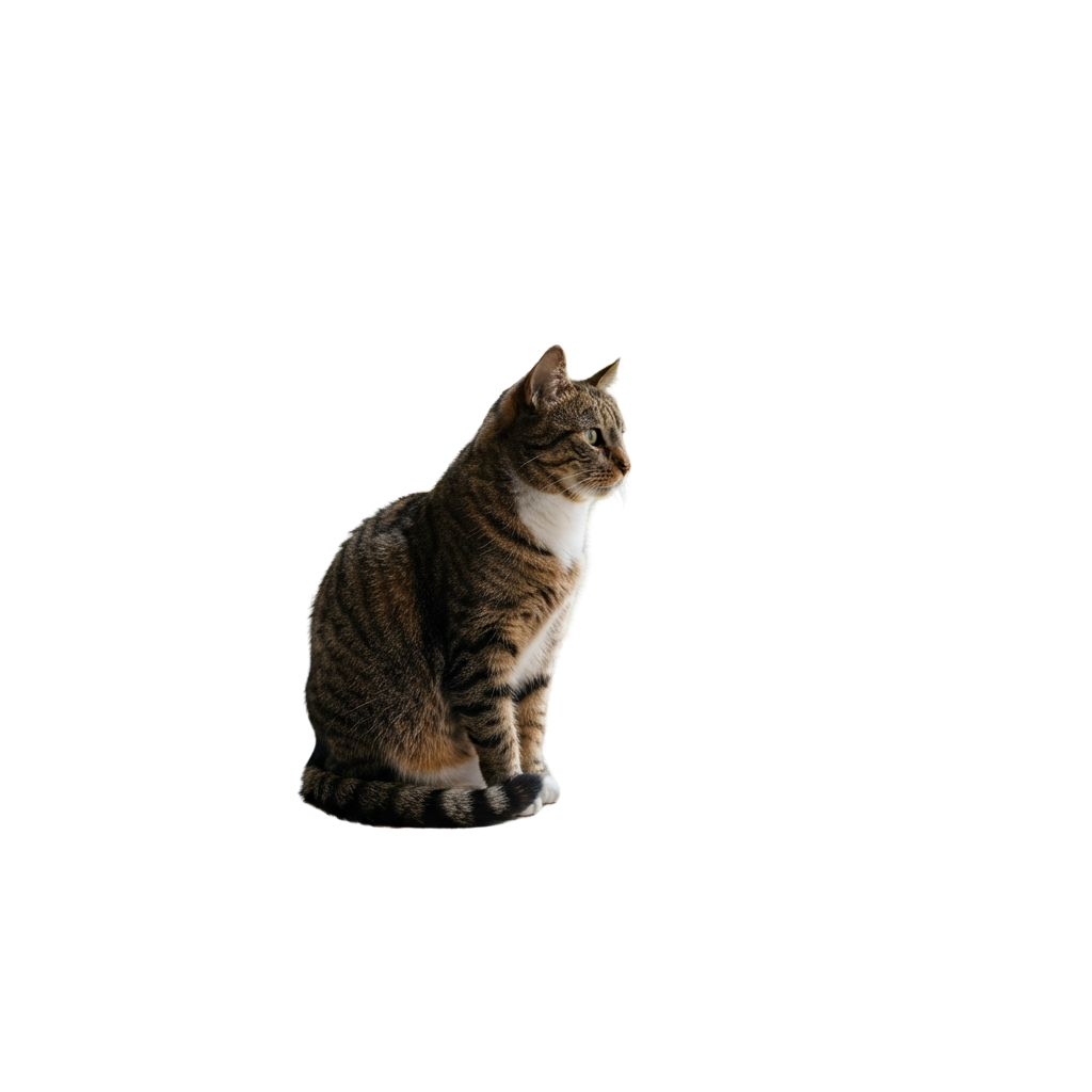 A tabby cat sitting and looking to the side, backlit against a dark background.