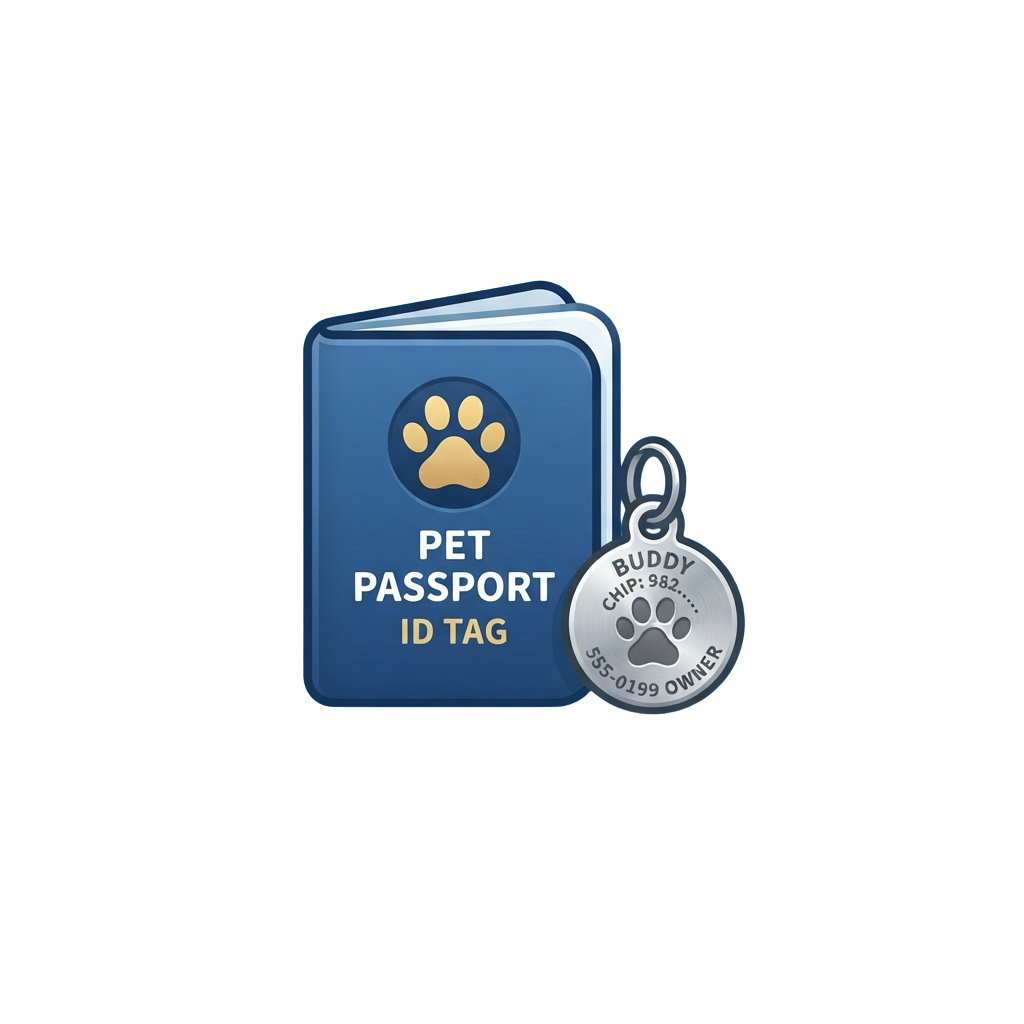 Illustration of a pet passport ID tag and a microchip tag labeled Buddy with paw print icons