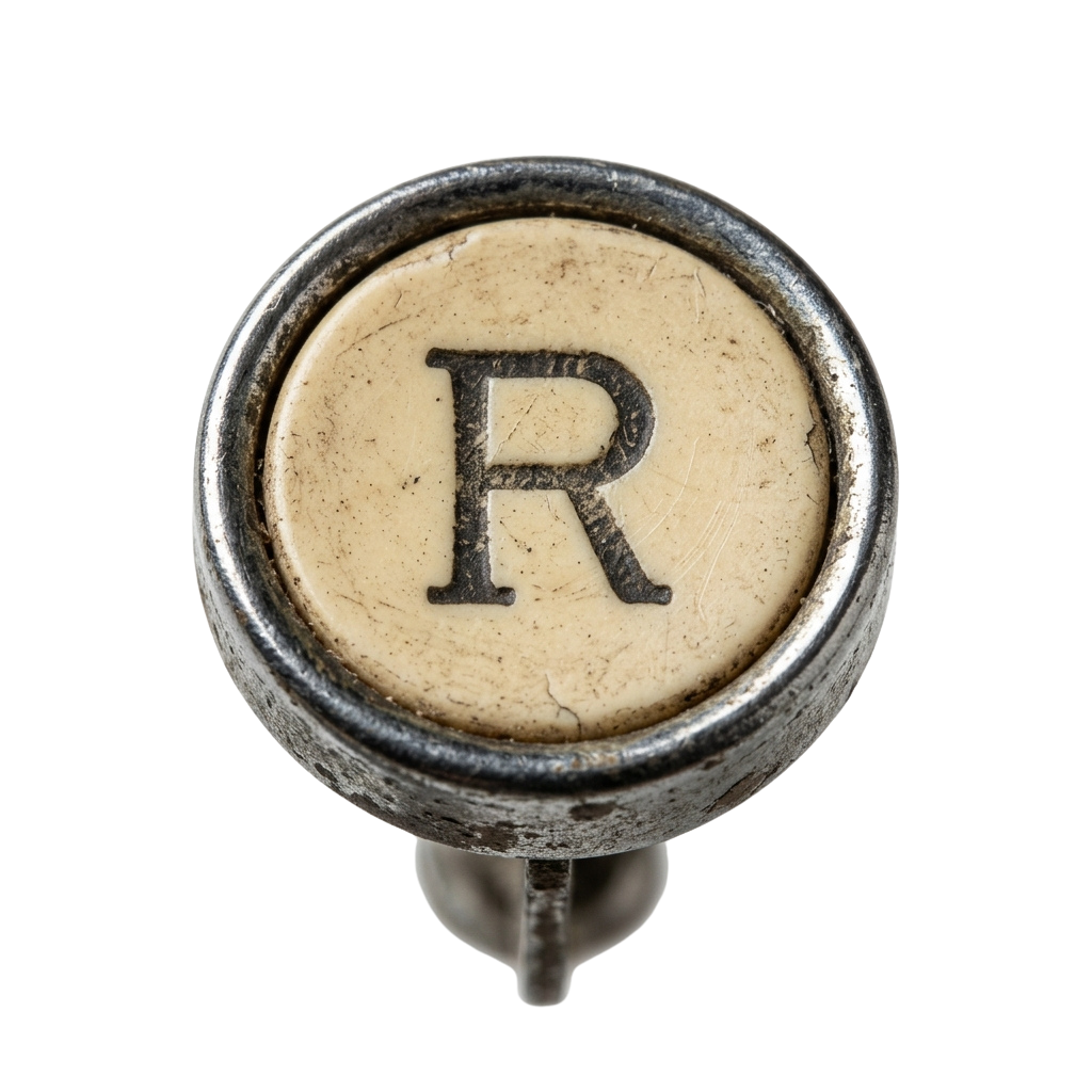A close-up of a vintage typewriter key with the letter R, encased in a metal ring.