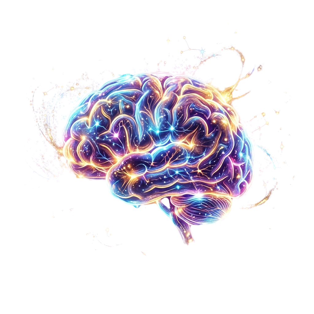 A colorful, abstract brain illustration with glowing neural pathways and sparkles on a dark background