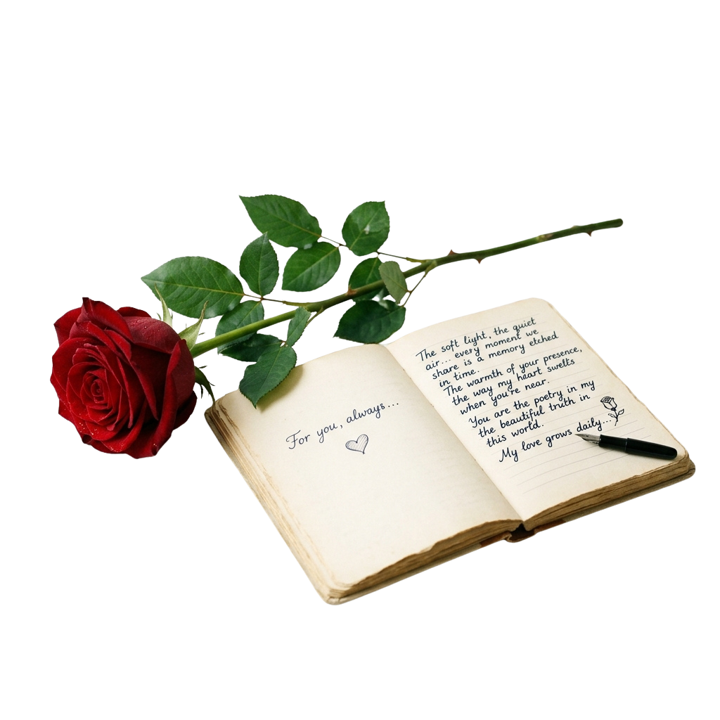 A red rose placed on an open book with a handwritten love poem and heart symbol