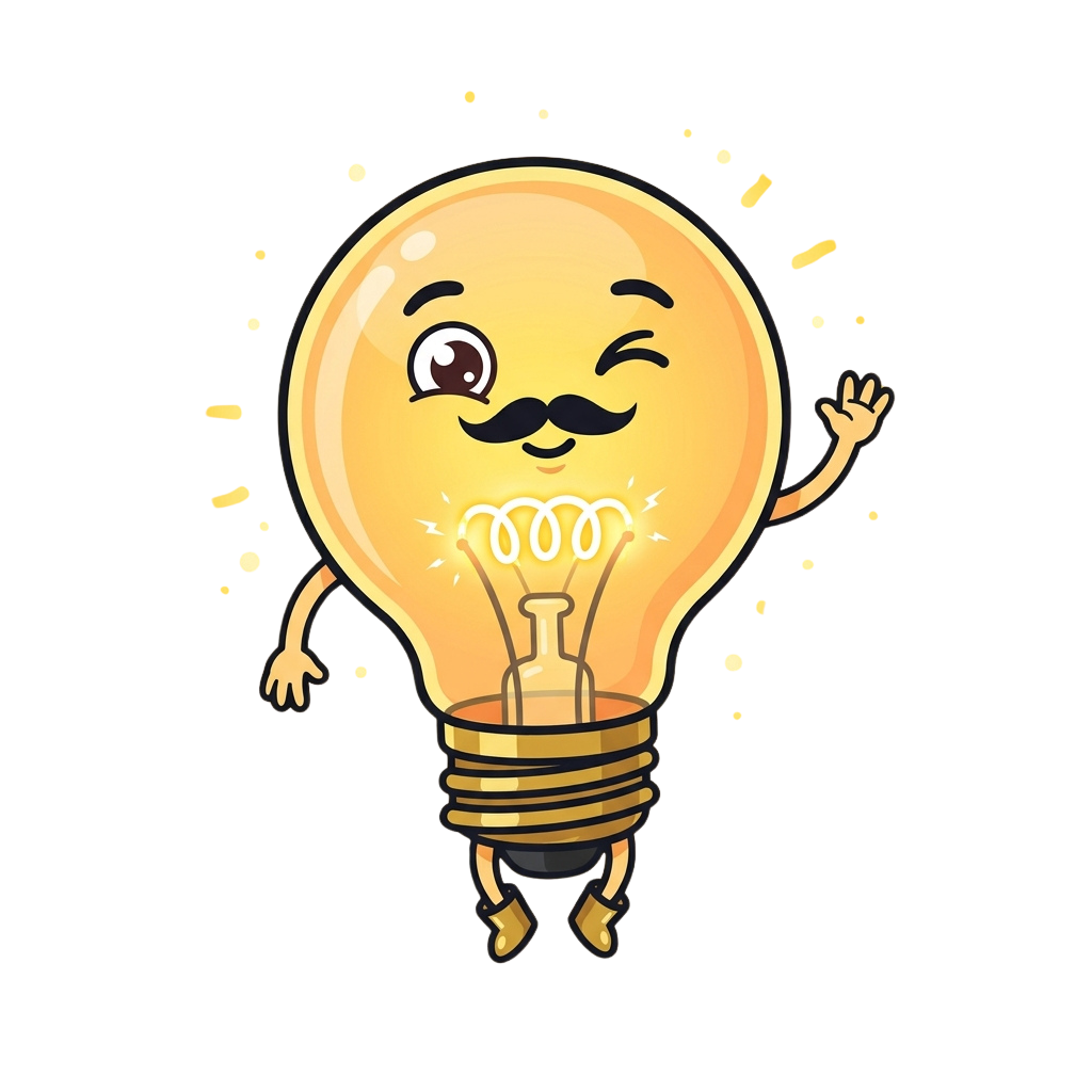 Animated light bulb character with arms waving, smiling, and mustache, glowing brightly against a dark background