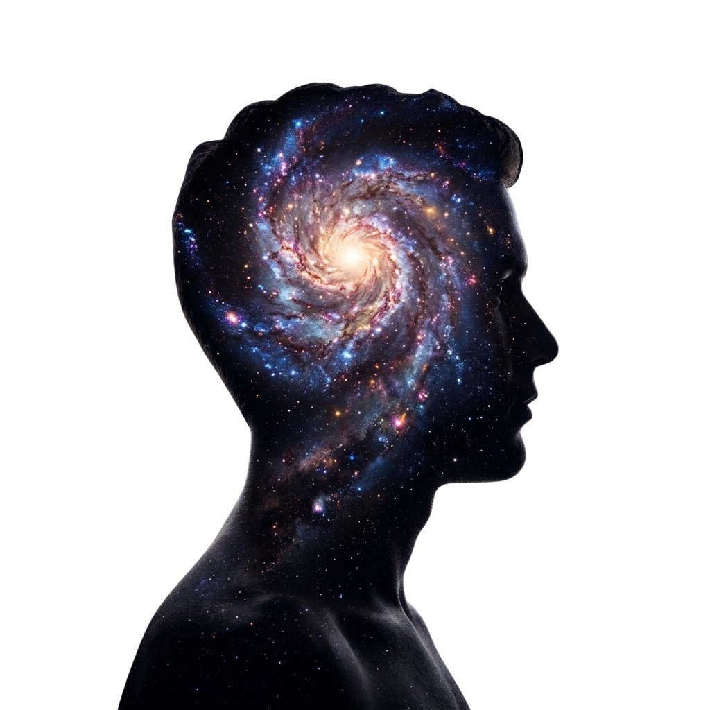 Silhouette of a human head with a spiral galaxy inside the brain area