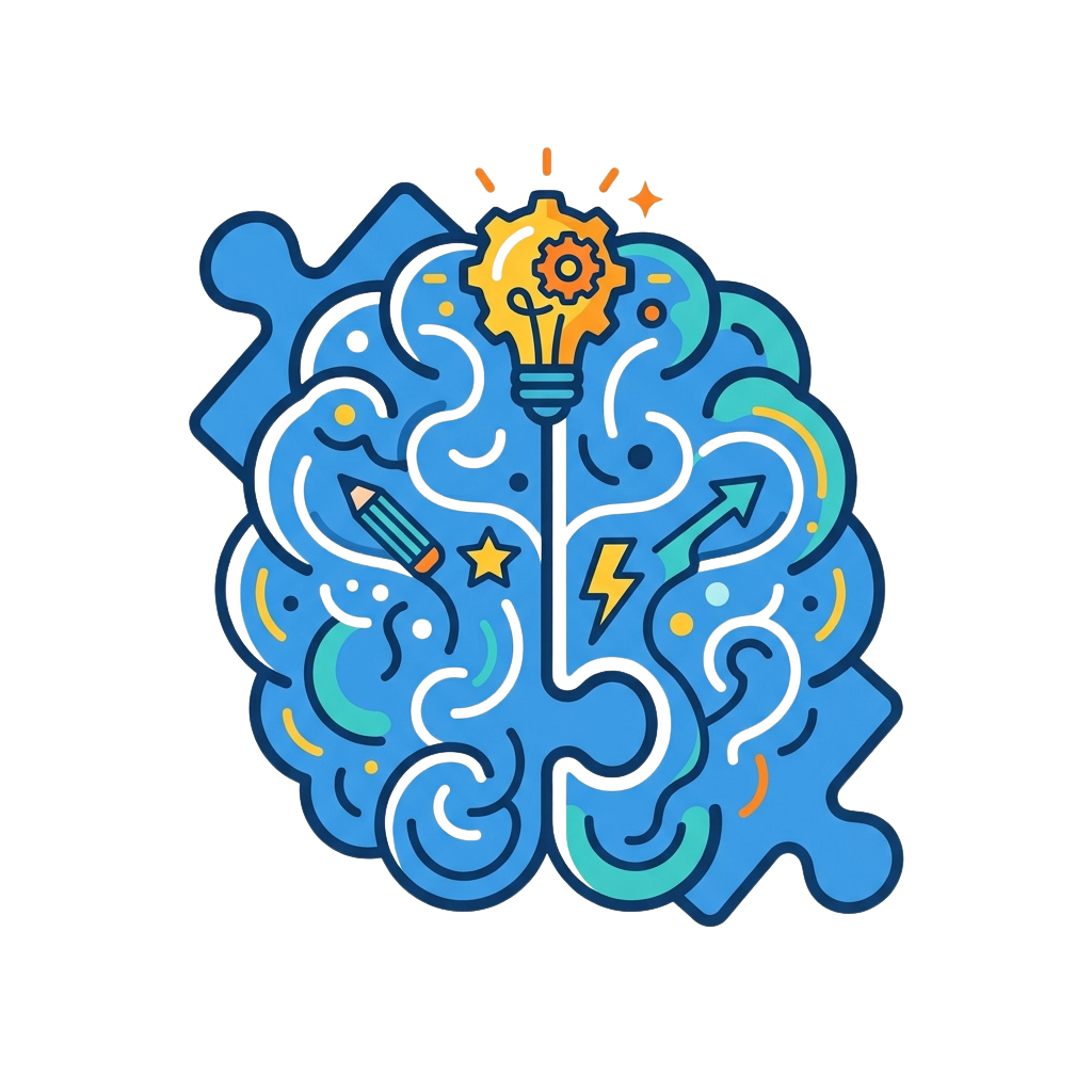 Illustration of a brain with a glowing lightbulb and gear symbolizing creativity and innovation
