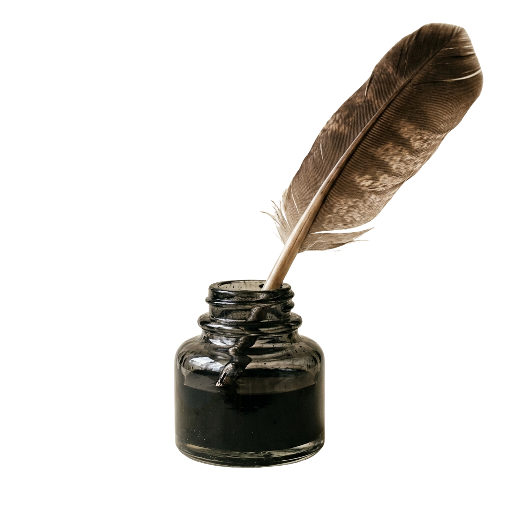 A quill pen with a feather dipped in dark ink inside a glass inkwell