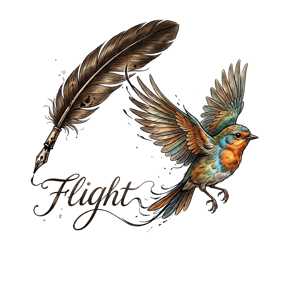 A colorful bird in flight with spread wings and a feather beside it on a dark background