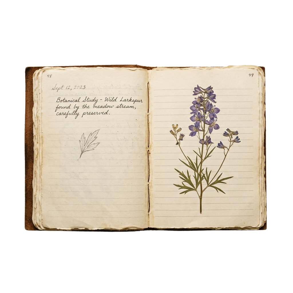 Open journal page showing a pressed wild larkspur plant and a small sketch of its leaf dated Sept 12 2023