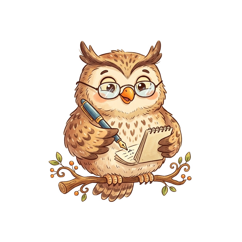 An owl wearing glasses sits on a branch writing in a notebook with a pen.