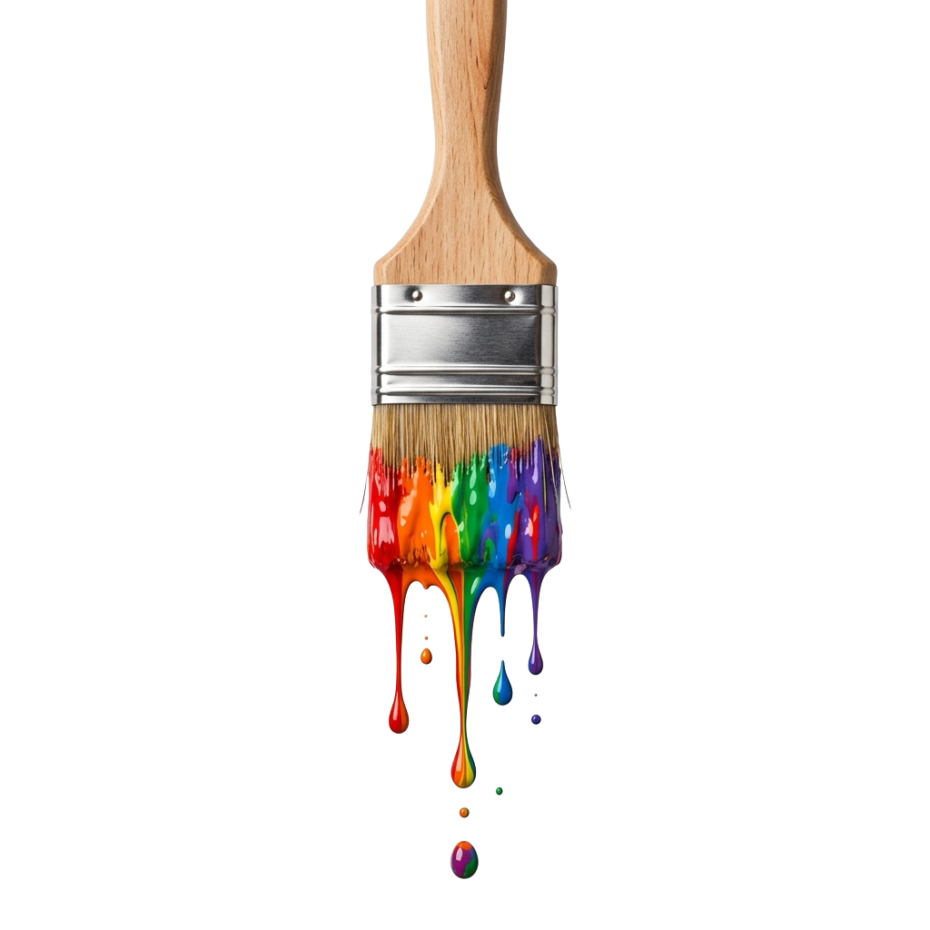 A paintbrush with bristles full of dripping rainbow colors against a black background