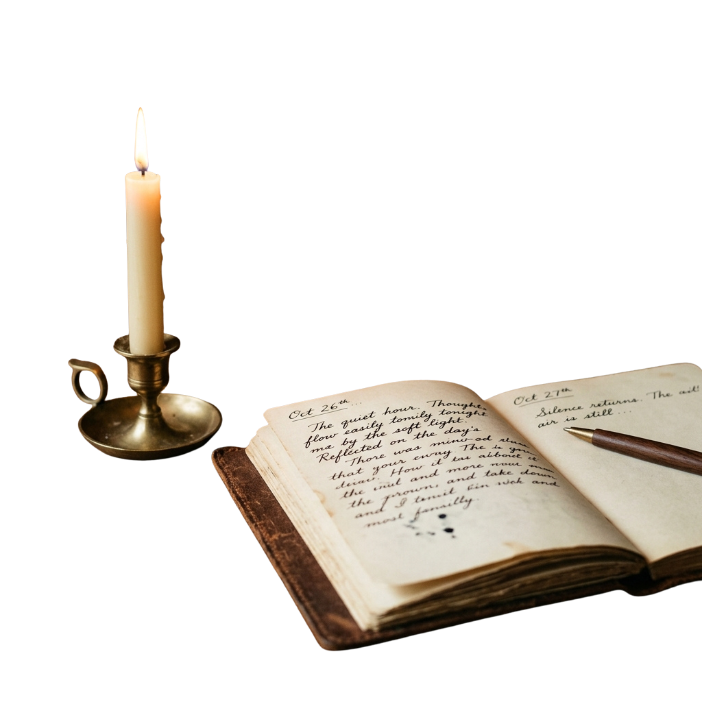 An open journal with handwritten notes beside a lit candle on a dark background