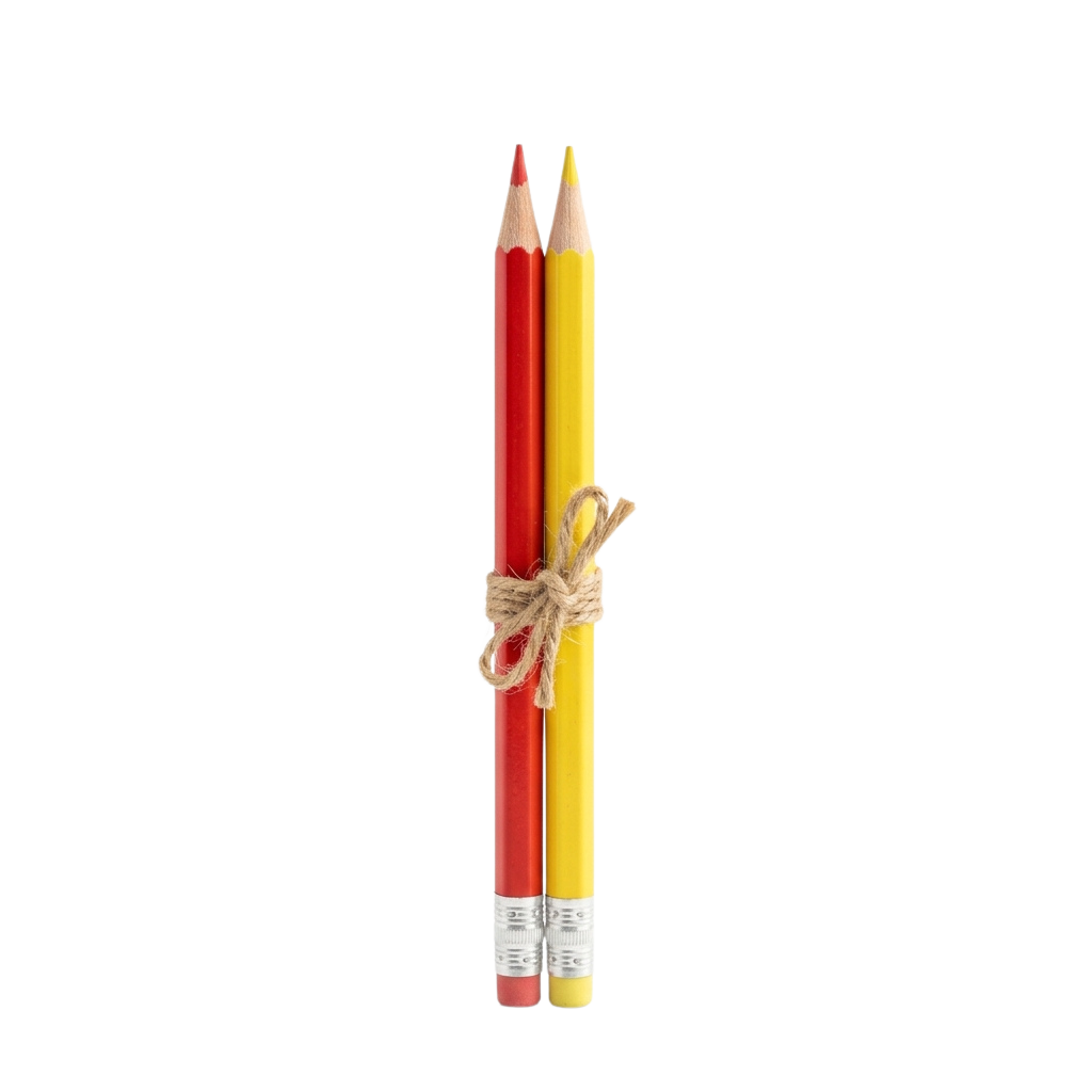 Two pencils, one red and one yellow, tied together with twine.